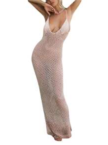 Women Fishnet Knitted Beach Cover Ups Crochet Cutout Backless Dress For Bikini Swimsuit Bathing Suit Summer - White - View 5