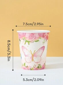 10 piezas/25 piezas Vasos de papel desechables, vasos con temática floral y de mariposas para bebidas frías y café, adecuados para cumpleaños, reuniones familiares, picnics y decoración de fiestas