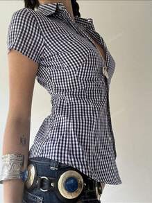 BabeHomee Fall Women Outfits Y2K Back To School Containing Cotton Slim Lapel Short-Sleeved Button Design Blue Checkered University Shirt Top