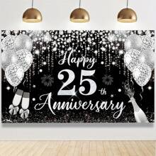 1 pièce Décorations pour 25e anniversaire de mariage, Bannière noire et argentée Joyeux 25e anniversaire 180 cm x 110 cm/70,8 po x 43,3 po, Toile de fond pour photographie de 25e anniversaire, Convient pour fournitures de fête du 25e anniversaire de mariage argent