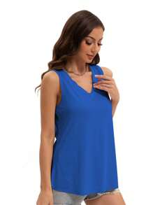 KAHULE Womens V Neck Summer Loose Fit Flowy Sleeveless Shirts Casual Tank Tops - 藍色 - 查看 4