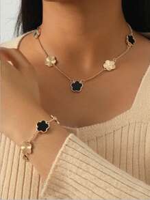 1 Set Metallic Floral Bracelet & Necklace - Black - View 6