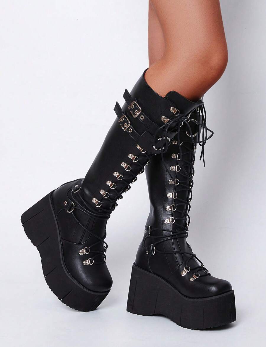 Women's Platform Knee-High Boots Chunky Heel Zipper Round Toe Fashion Motorcycle Punk Gothic Boots Women Combat Boots - màu đen - Xem 1