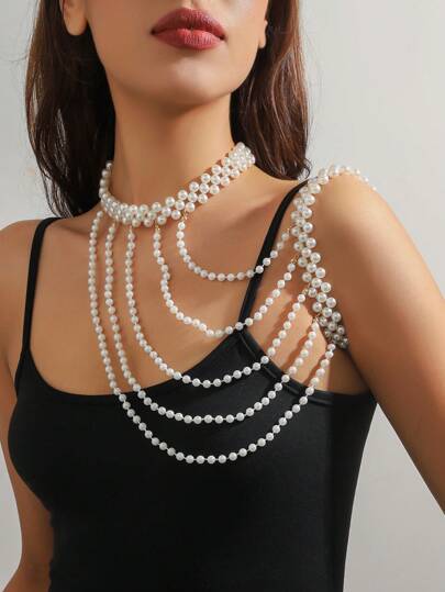 1pc Elegant Faux Pearl Body Chain - Women's Fashion Shoulder & Backless Dress Accessory, Suitable For Daily, Party, Prom, Dinner, Commute, College And Occasions, Valentine's Day, Mother's Day Gift