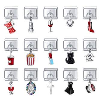 Nueva colección de módulos de acero inoxidable: Café, Vino, Día de San Valentín, Tacón alto, Palomitas de maíz, Película, Gato, Diseño de vestido para pulsera DIY, adecuado para regalos festivos y uso personal