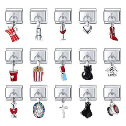 Nueva colección de módulos de acero inoxidable: Café, Vino, Día de San Valentín, Tacón alto, Palomitas de maíz, Película, Gato, Diseño de vestido para pulsera DIY, adecuado para regalos festivos y uso personal