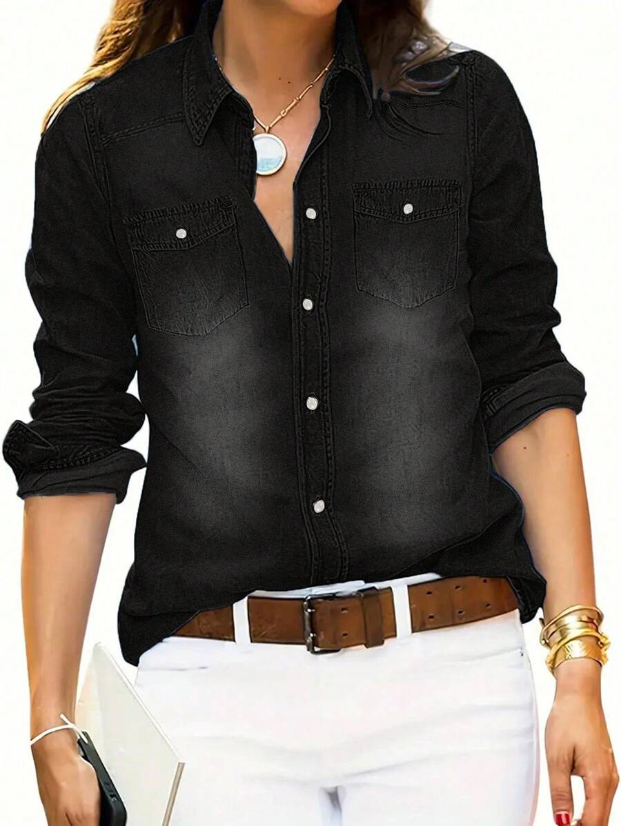 Women's Spring Long Sleeved Denim Shirt With Button Down Shirt, Business Casual Top - 黑色 - 查看 1