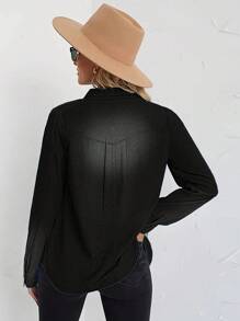 Women's Spring Long Sleeved Denim Shirt With Button Down Shirt, Business Casual Top - 黑色 - 查看 6