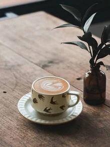 1 件日式复古风格釉下彩绘咖啡杯碟套装，高美感创意粗陶拿铁杯