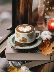 1 件日式复古风格釉下彩绘咖啡杯碟套装，高美感创意粗陶拿铁杯