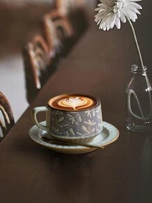 1 件日式复古风格釉下彩绘咖啡杯碟套装，高美感创意粗陶拿铁杯