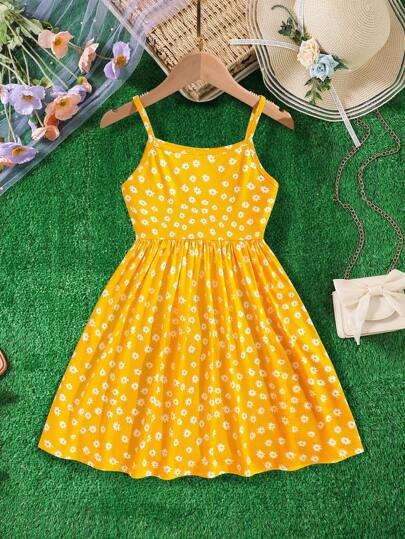 1 pièce Robe jaune sans manches décontractée, élégante et polyvalente avec imprimé floral mignon pour jeunes filles. Convient pour l'extérieur, l'école et les rassemblements sociaux