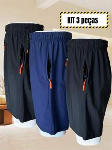Kit 3 Bermuda Shorts For Men, Imported Shorts For Men, Polyamide, Ice Silk, Gym, Elastane, Casual, Quick Drying - 藏蓝色 - 查看 1