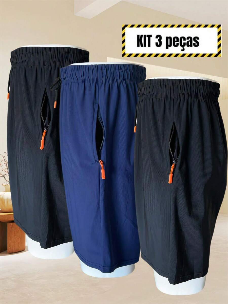 Kit 3 Bermuda Shorts For Men, Imported Shorts For Men, Polyamide, Ice Silk, Gym, Elastane, Casual, Quick Drying - 藏蓝色 - 查看 1