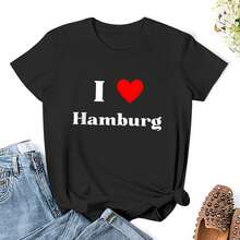 Women 'I Love Hamburger' T Shirts Shirt Short Sleeves T Shirt Casual T Shirts Novelty Shirt Graphic Tees Clothes Top - Black - View 1