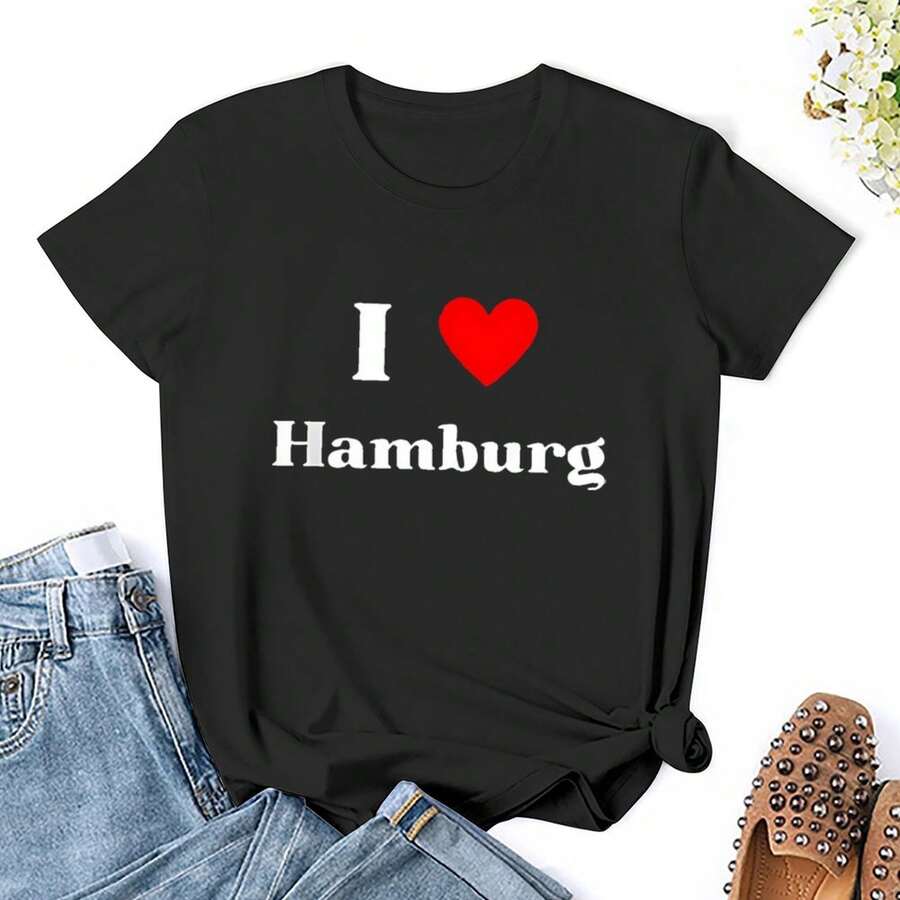 Women 'I Love Hamburger' T Shirts Shirt Short Sleeves T Shirt Casual T Shirts Novelty Shirt Graphic Tees Clothes Top - Black - View 1