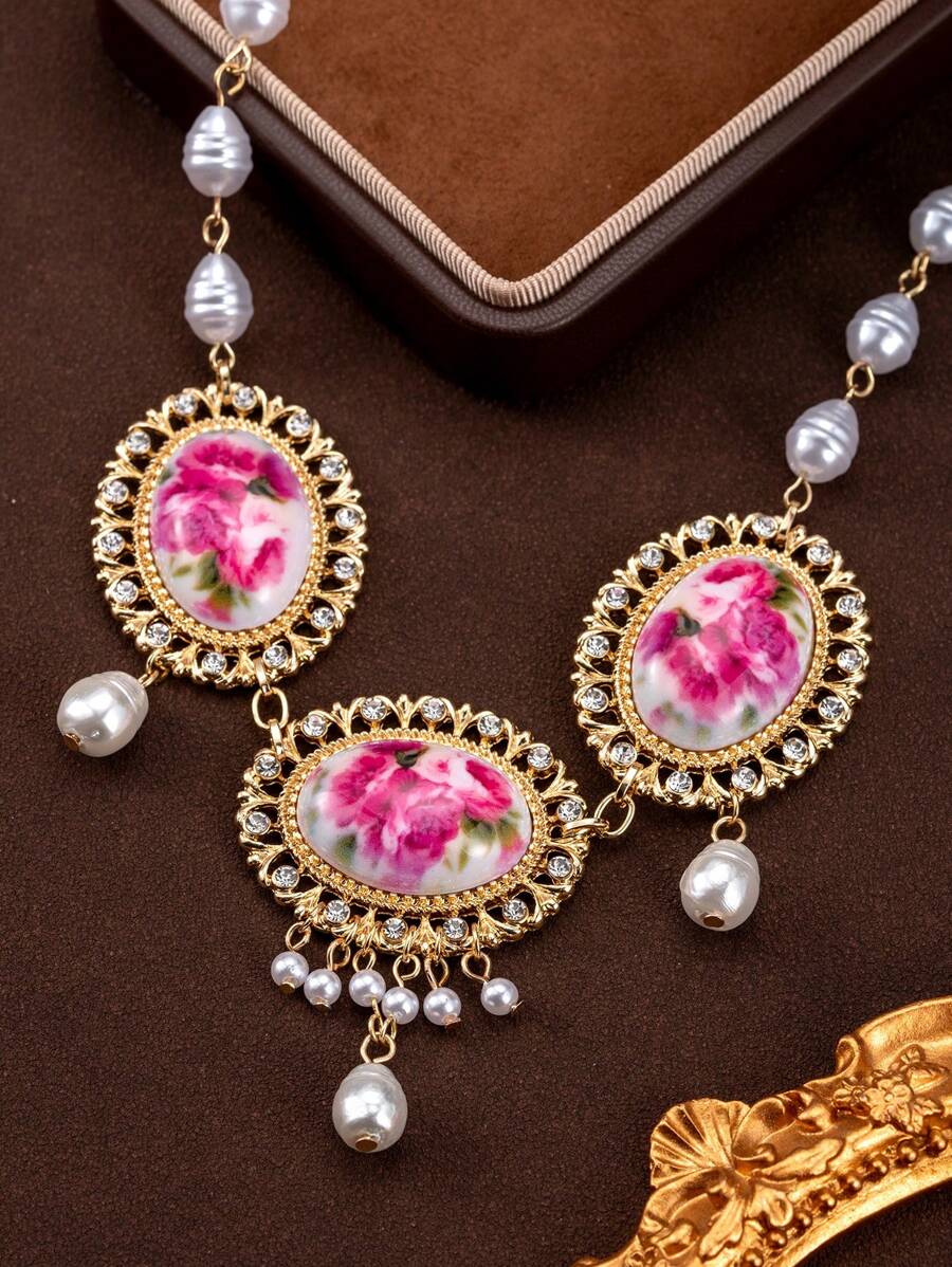 1 件复古时尚奢华仿珍珠椭圆花卉印花水钻宫廷风格流苏项链 - 金黃色 - 查看 1