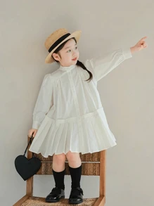 Đầm xếp ly cổ đứng dáng rộng thời trang cổ điển cho bé gái mùa xuân/thu. - trắng - Xem 1
