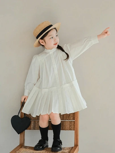 女童春秋季立领褶皱连衣裙，宽松经典时尚连衣裙