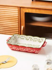 Loyang Keramik Motif Bunga Vintage Merah yang Dilukis Tangan dengan Pegangan, Peralatan Masak Persegi untuk Dapur, Cocok untuk Salad, BBQ, Ayam Panggang, Kue, dan Pizza, Aman untuk Oven dan Microwave - Merah - View 4