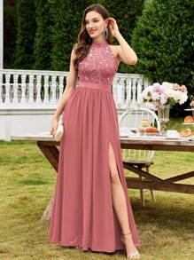 MIUSOL 露背亮片刺绣蕾丝开叉大腿正式派对长裙，女士优雅派对礼服，正式晚礼服，舞会礼服，适合婚礼嘉宾、返校节、晚宴