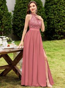 MIUSOL 露背亮片刺绣蕾丝开叉大腿正式派对长裙，女士优雅派对礼服，正式晚礼服，舞会礼服，适合婚礼嘉宾、返校节、晚宴