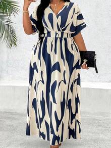 Vestido de manga de murciélago con estampado de bloques de color talla grande, ropa de resort casual elegante - Multicolor - Ver 2