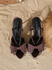 On feet& in love Spring/Summer Women's Fashion Satin High Heels Sandals With Bow Decor, Pointed Toe, Slip-On, Stiletto - Brown - View 7