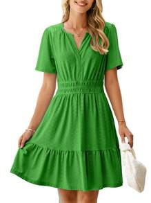 Womens 2025 Summer Mini Dress Eyelet Short Sleeve Cocktail Short Dresses Cute A Line Sun Dress With Pockets - 綠色 - 查看 2