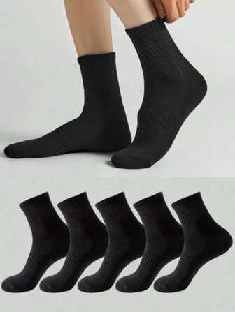 5 双男士纯白色中筒袜，透气吸汗，适合运动