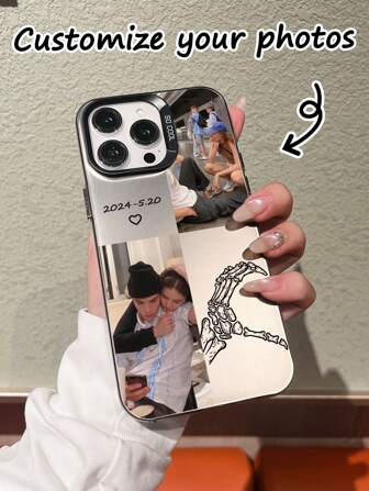 1pc Electroplated Colorful Silver High-End Skull & Heart Customized Anti-Fall Phone Case Compatible With Iphone 16 ProMax/15/11/12/13/14 Pro Max XR 7P Smartphone, Personalized Phone Case, TPU Shock-Proof, Birthday, Christmas, Family, Valentine's Day, Pet Custom Gift