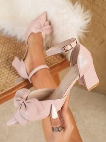 Fall/Winter New Fashion Women Pointed Toe High Heels Thick Heels Hollow Bowknot Pumps, Pink, Elegant, Party