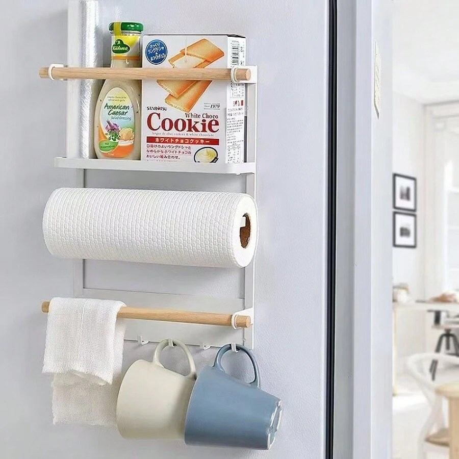 1pc Magnetic Refrigerator Side Hanging Storage Rack, Cling Film Kitchen Organizer, No Drill Hook, Spice Bottle Storage Iron Rack - Multicolor - View 1