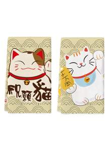 2 piezas, Paños de limpieza con diseño de gato de la suerte estilo coreano/japonés con nubes, para cocina, baño, coche, ventanas, suministros de limpieza, regalo. - Beis - Ver 4