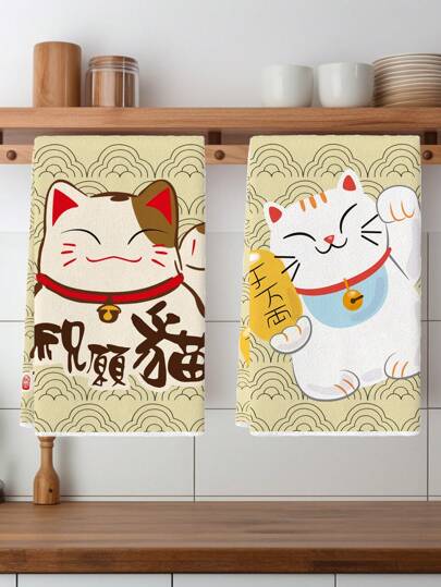 2 件，韩式日本招财猫云朵图案毛巾，适用于厨房、浴室、汽车、窗户的清洁布，清洁用品，礼物。