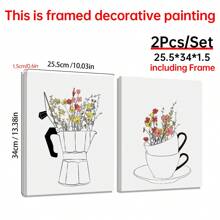 Conjunto de 2 carteles de impresión en lienzo estilo nórdico, arte de pared de lienzo con taza de café y flores, pintura artística para decorar la sala de estar, dormitorio, baño, oficina, pasillo, cocina, sin marcos, arte de pared moderno, carteles para habitación, elementos de decoración de habitación, decoración del hogar, decoración de habitación estética, decoración occidental