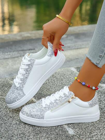 女士新款时尚休闲运动鞋，舒适百搭系带侧拉链豹纹混色系带休闲运动鞋