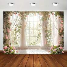 1 pieza Elegante fondo fotografía con ventana de castillo y flores, adecuado para bodas y eventos especiales, disponible en varios tamaños, decoración universal para días festivos, sin necesidad de electricidad - Blanco - Ver 3