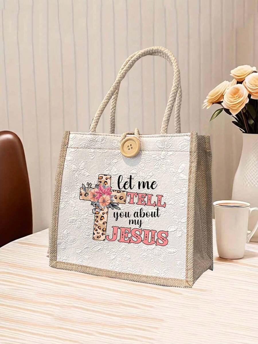 1PC Print Theme Tote Bag, Simple And Elegant, Convenient Travel Storage Bag,Christian Themed Tote Bag , Large Capacity Travel Handbag, Multi-Functional Flower Lettering Printed Bags,Linen Handbags,For Personal Travel Cosmetics, Shopping Bags, Large-Capacity Storage Bag