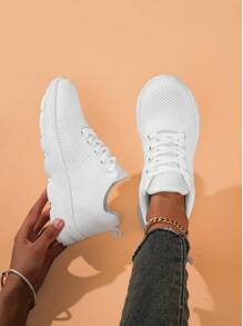 Women's Outdoor Casual Lightweight White Solid Color Breathable Non-Slip Athletic Running Shoes, Suitable For Spring/Autumn