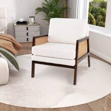 Harmijoy Mid Century Modern Accent Chair Living Room Armchair W/ Rattan Arms Wooden Frame