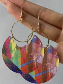 1 Pair Fashionable Tie-Dye Wooden Earrings, Suitable For Women's Daily Wear - Multicolor - View 1
