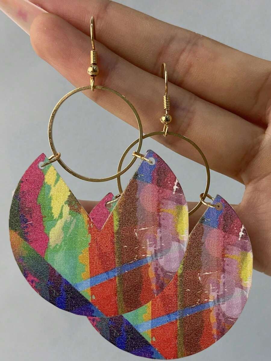 1 Pair Fashionable Tie-Dye Wooden Earrings, Suitable For Women's Daily Wear - Multicolor - View 1