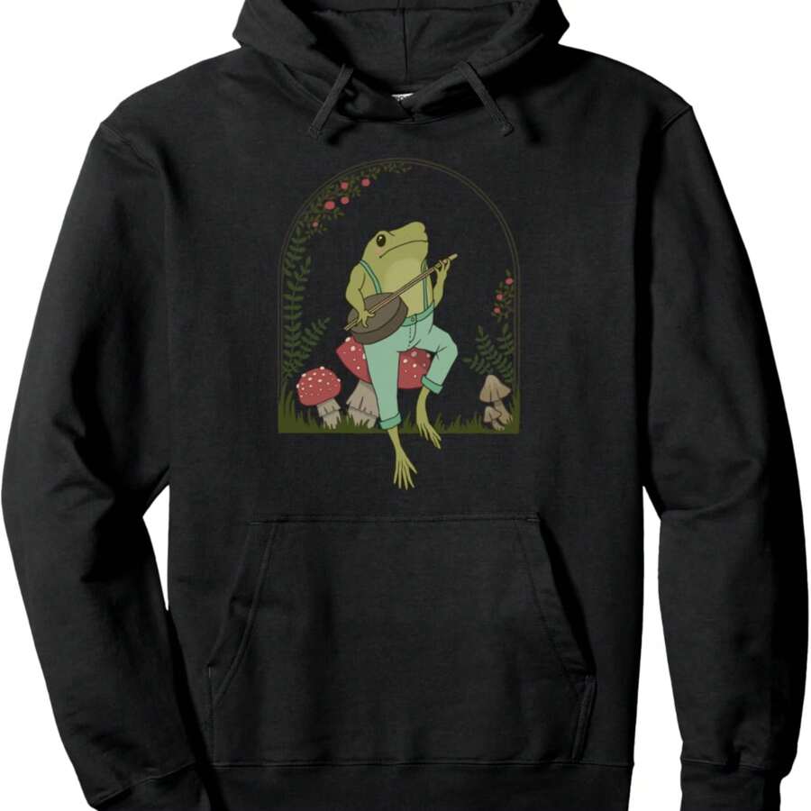 Cottagecore Aesthetic Frog Playing Banjo On Mushroom Cute Pullover Hoodie - 黑色 - 查看 1