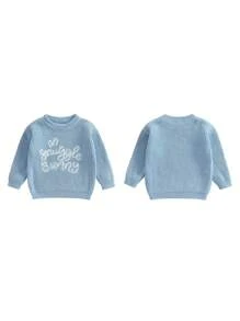 Toddler Easter Sweaters Bunny Ear Pattern Letter Long Sleeve Round Neck Ribbed Knit Jumper Tops