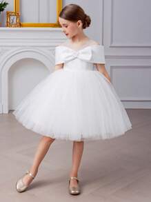 Young Girl Floral 3D Bow Tulle White Dress, Elegant Princess Dress Suitable For Girls Birthday, Party, Wedding, Festival Celebration, Flower Girl Gown - White - View 4