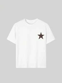 Tween Girls Leopard Print Star Graphic Crew Neck Short Sleeve T-Shirt, Summer Top