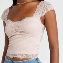 Women Summer Lace Tops Cap Sleeve Square Neck Slim Fit Crop Top T-Shirt - Hồng - Xem 4
