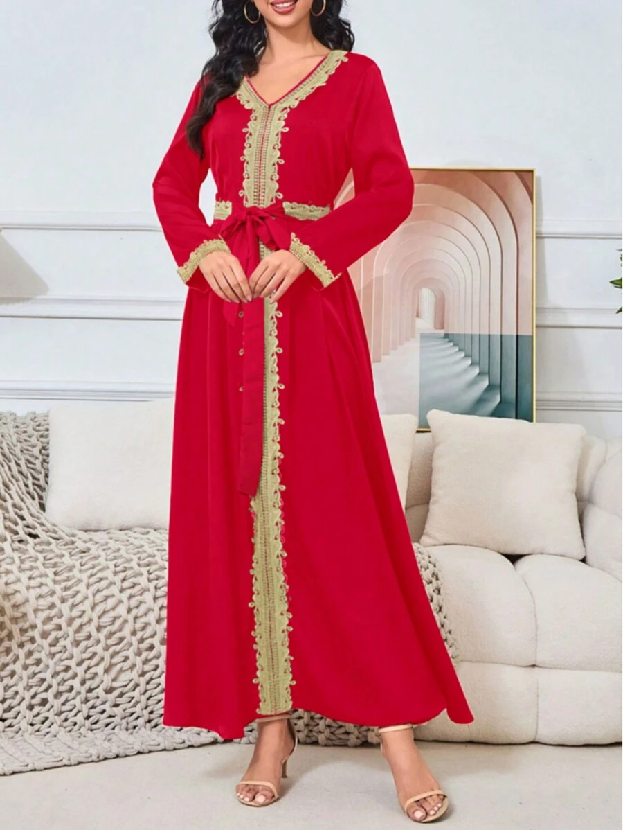 Vestido largo de mujer con cuello en V, de unicolor con parches de encaje árabe - Rojo - Ver 1