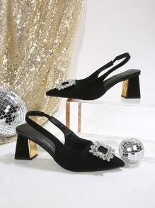 女士尖头高跟鞋，带闪亮水钻扣装饰，镂空粗跟，黑色时尚派对高跟鞋，优雅韩式风格